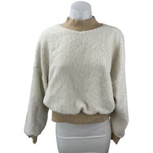 Fabletics Malia Polar Fleece White Brown Mock Neck Long Sleeve Sweater Top Sz M